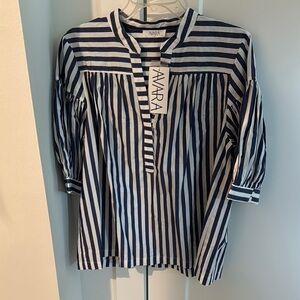 AVARA Navy and White Striped Peasant Blouse